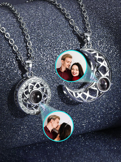 Joviviv Personalized Photo Projection Necklace Memory Custom Picture Projection Pendant I Love You Sun & Moon Mutual Attraction Matching Couple Necklaces