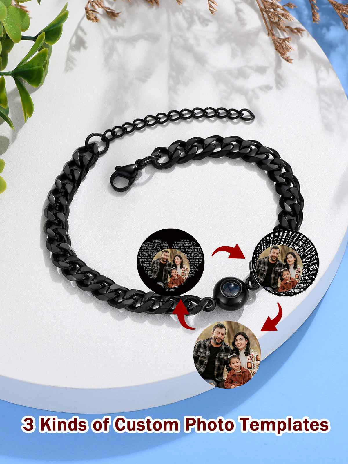 Jovivi Custom Bracelets with Picture inside Stainless Steel Men's Cuban Chain Customized Projection Bracelet with Photos Personalized Picture Bracelet Memorial