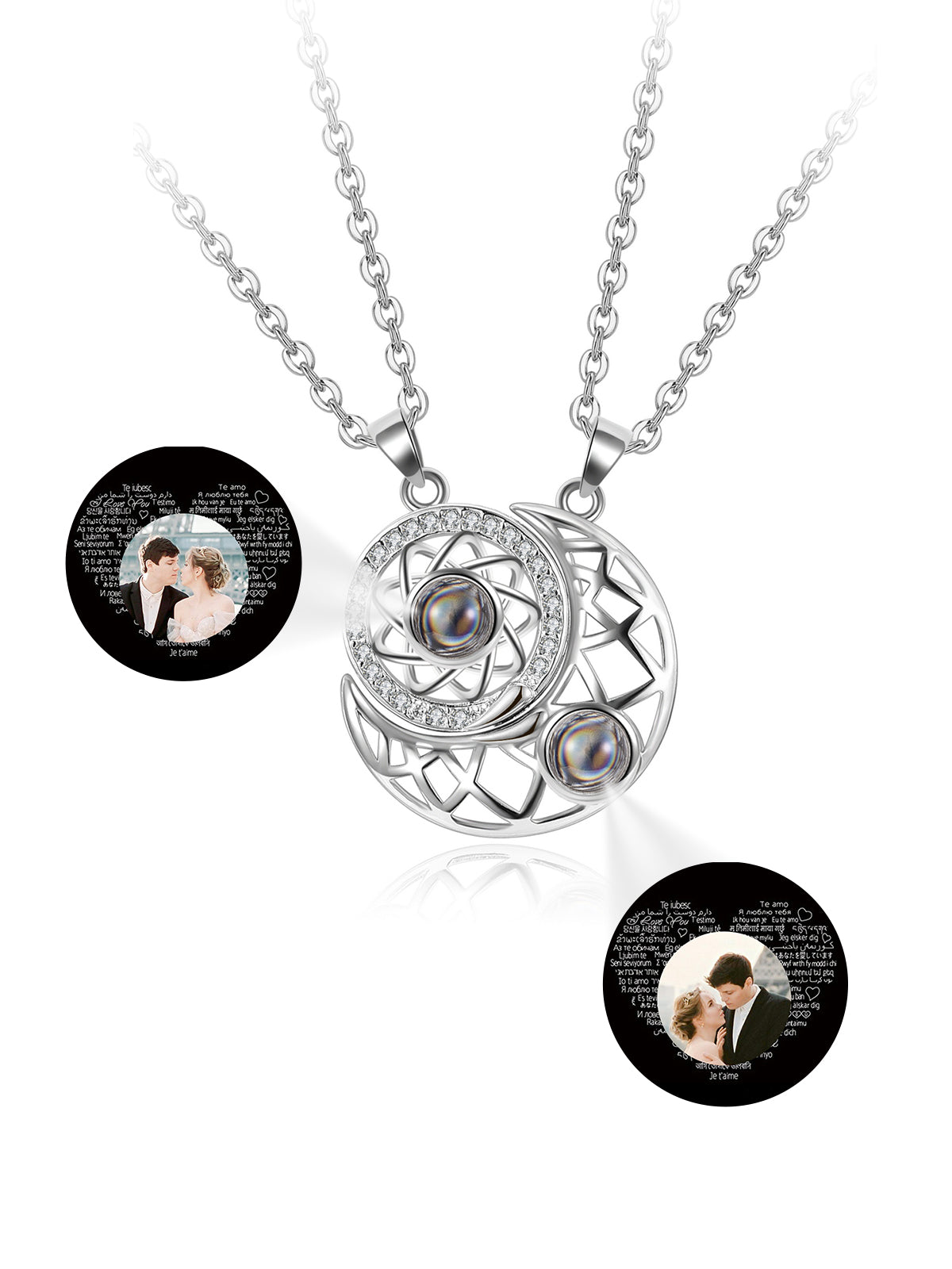 Joviviv Personalized Photo Projection Necklace Memory Custom Picture Projection Pendant I Love You Sun & Moon Mutual Attraction Matching Couple Necklaces