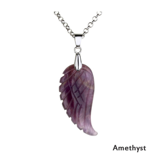 Jovivi Natural Amethyst Quartz Gemstones Stone Healing Point Chakra Reiki Angel Wings Pendant Chain Necklace