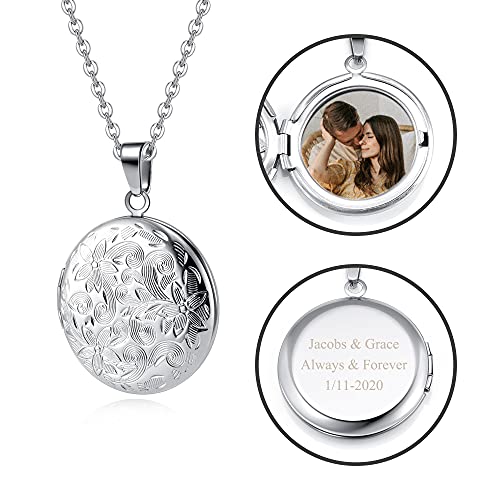 Personalized Photo Locket Necklace Custom Text Round Floral Locket Pendant  - Silver