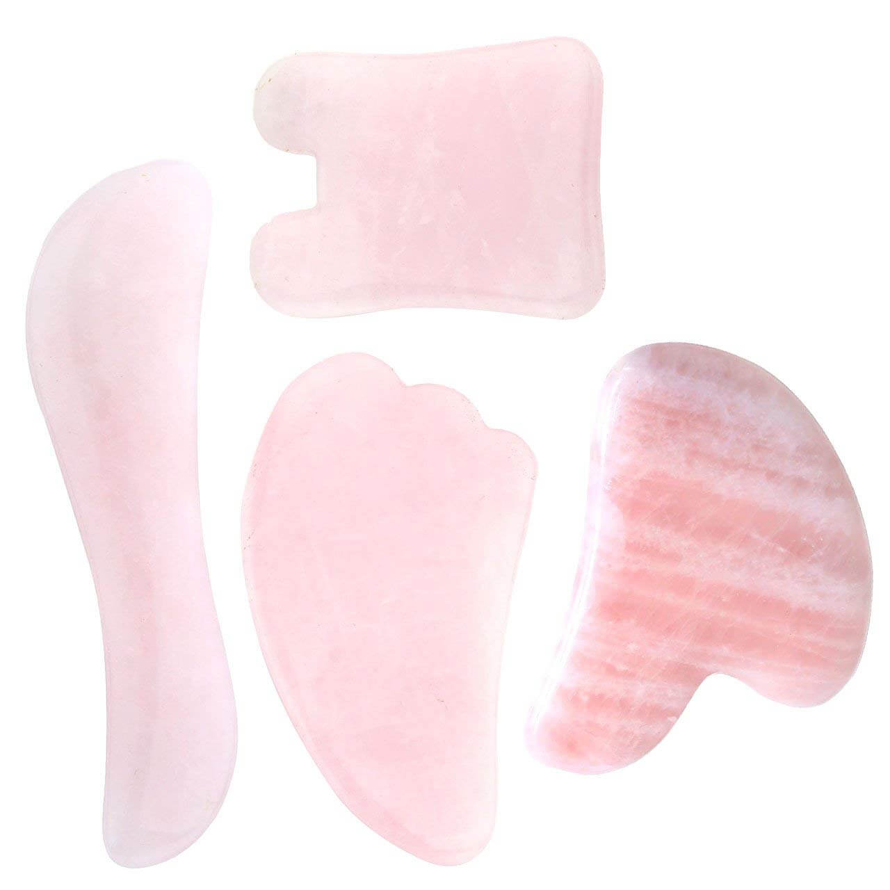 Jovivi 4pcs handmade Natural Rose Quartz Gua Sha Board Scraping Jade Massage Tools, front side, asg003501