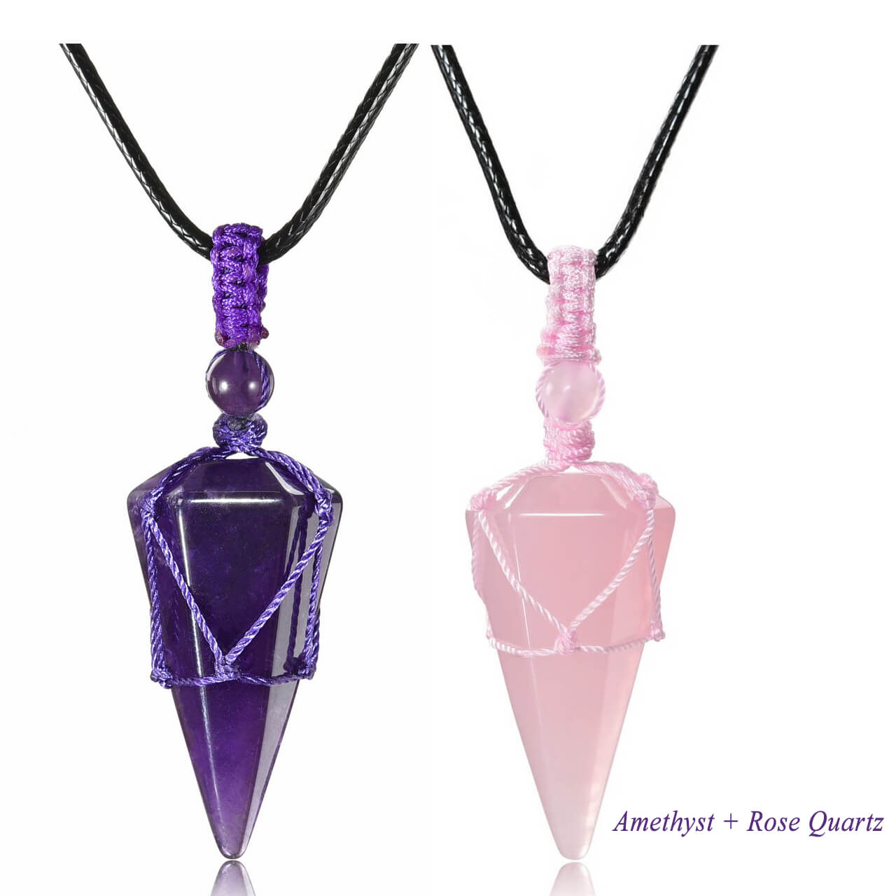 jovivi natural amethyst & rose quartz reiki healing crystal necklace for women, front side