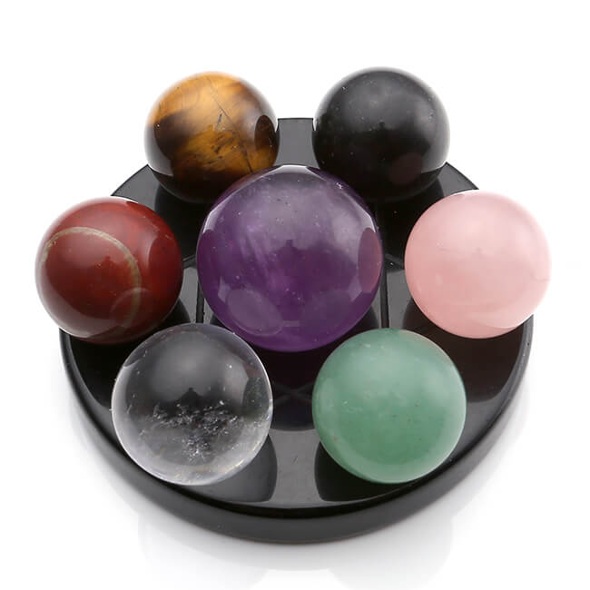 Jovivi 7 Stars Group Natural Chakra Crystal Sphere Ball with Black Obsidian Stand, front side, asd001201