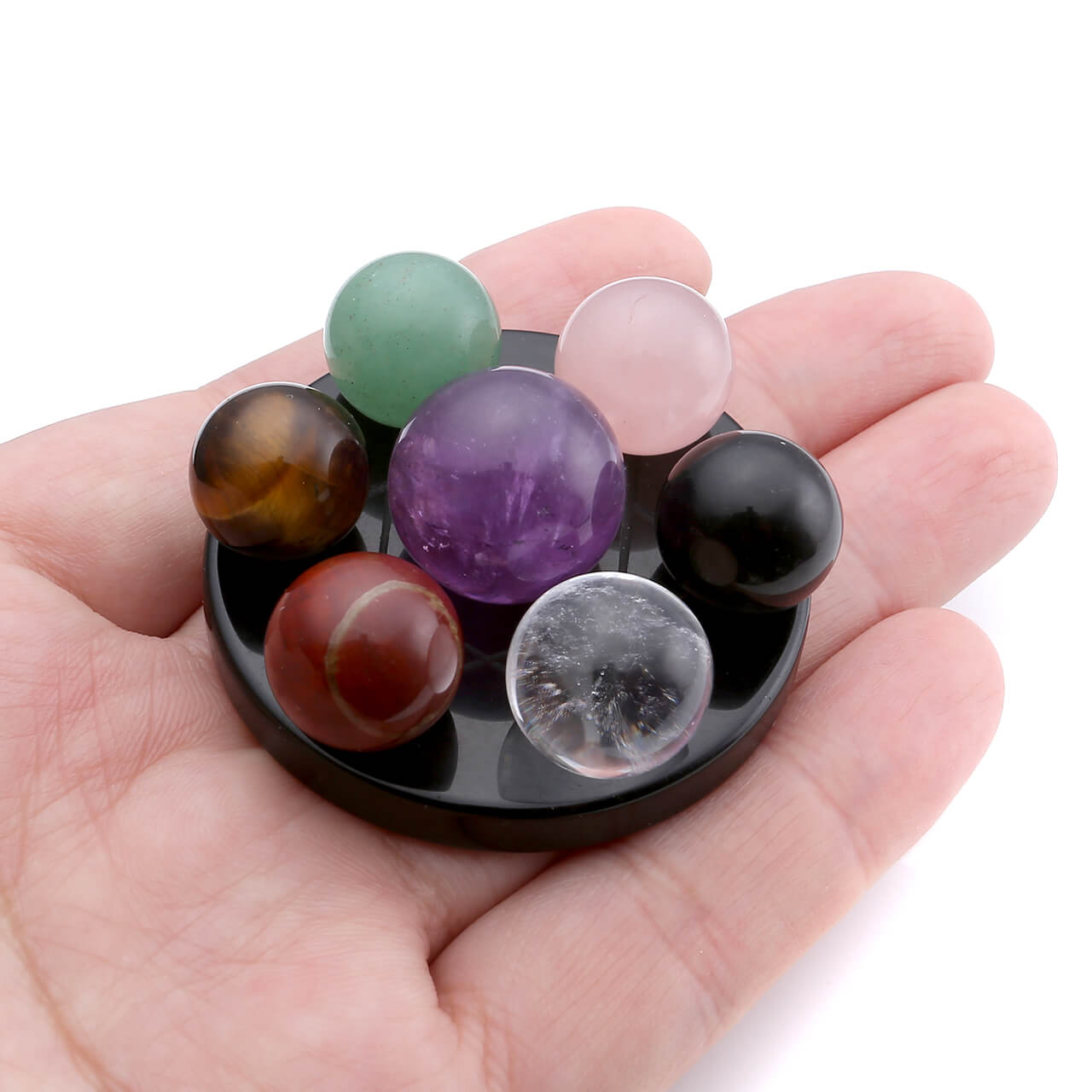 jovivi 7 Stars Group Natural Chakra Crystal Sphere Ball with Black Obsidian Stand, asd001201