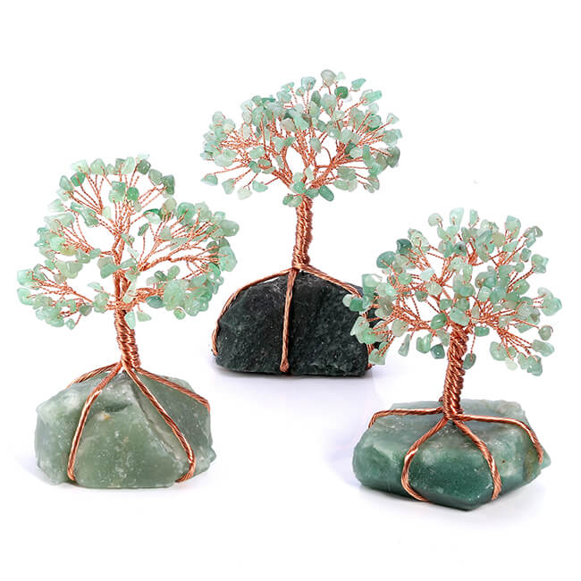 Jovivi Chakra Healing Crystals Copper Money Tree Wrapped On Natural Green Aventurine Base Feng Shui Luck Figurine color