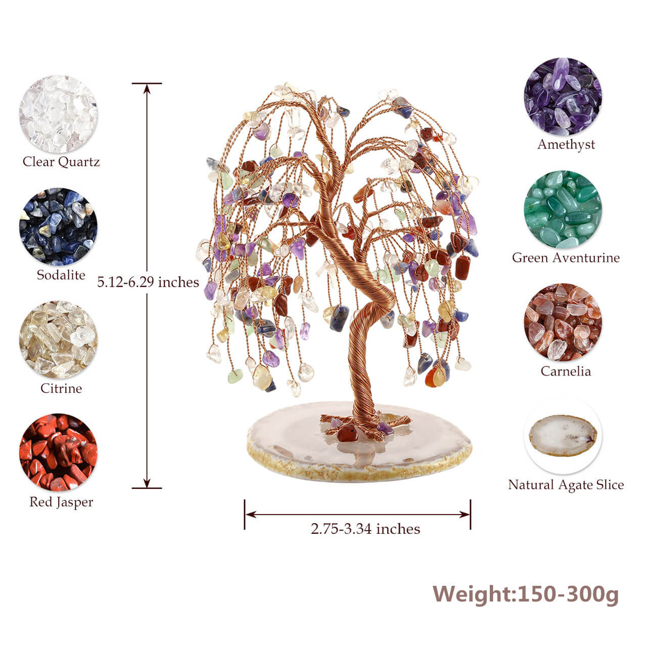 jovivi natural healing crystal money tree agate slice base, feng shui figurine, 5.89" high, asd03620