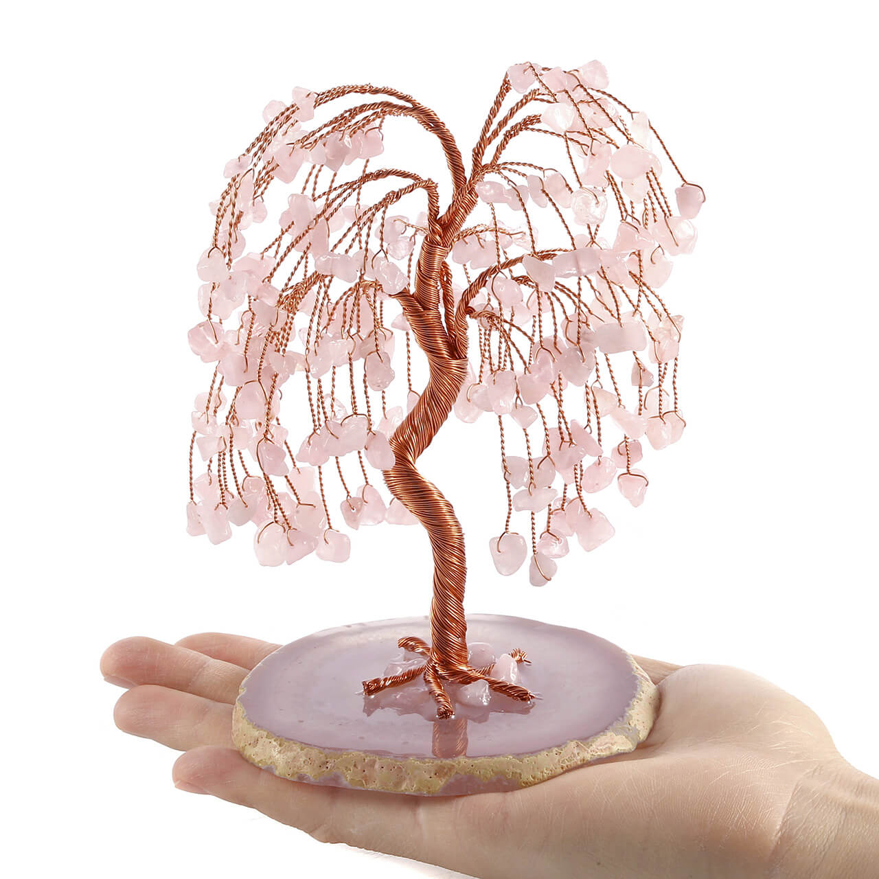 Jovivi natural rose quartz crystal tree handmade gemstone tree for reiki healing, ront side, asd03620