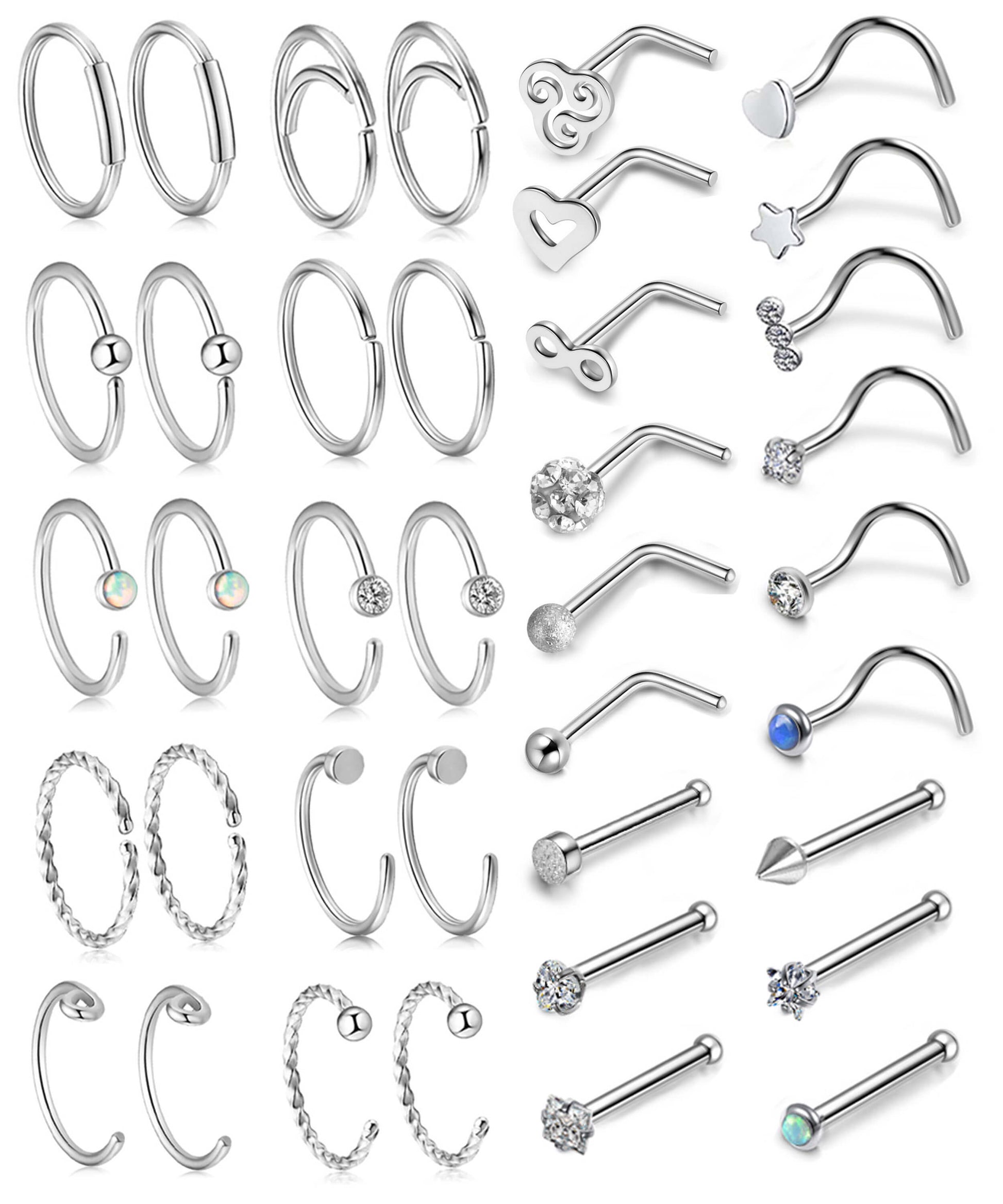 jez199201 20G 38Pcs Stainless Steel Nose Rings Nose Studs CZ piercing