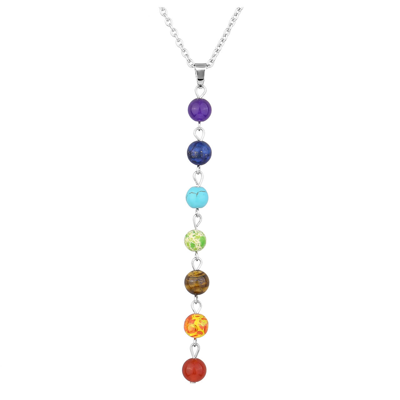 Jovivi Women 8mm Stone Chakras Beads Pendant Necklace Chain with 7 Chakras Pendulum