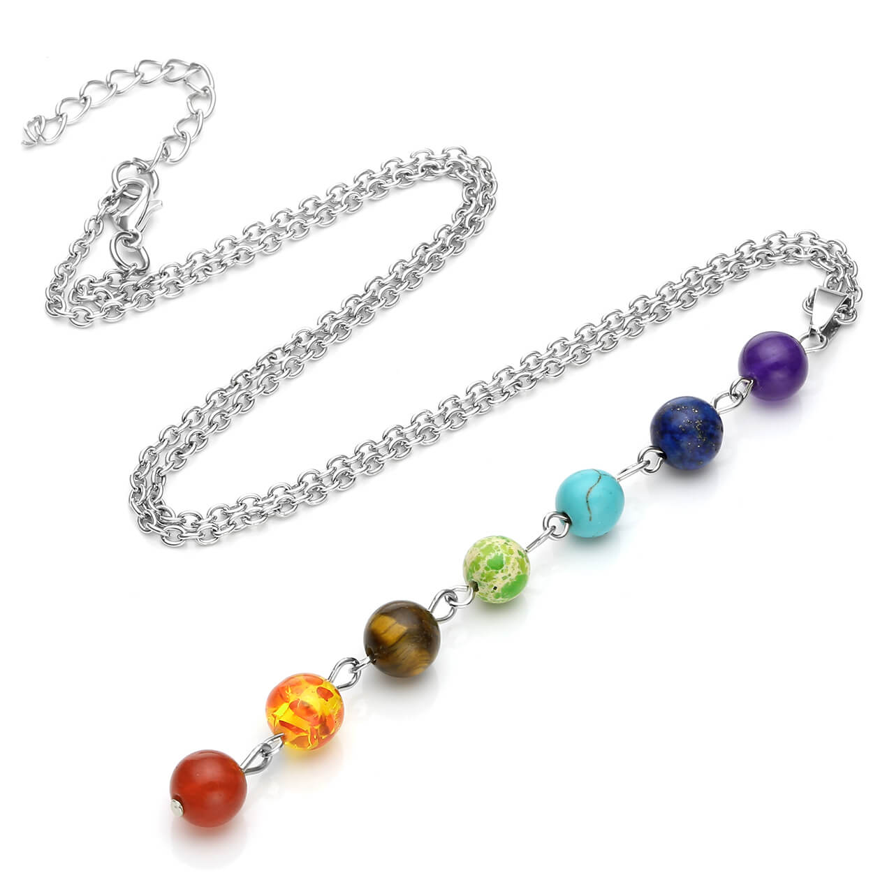 Jovivi Women 8mm Stone Chakras Beads Pendant Necklace Chain with 7 Chakras Pendulum healing necklace