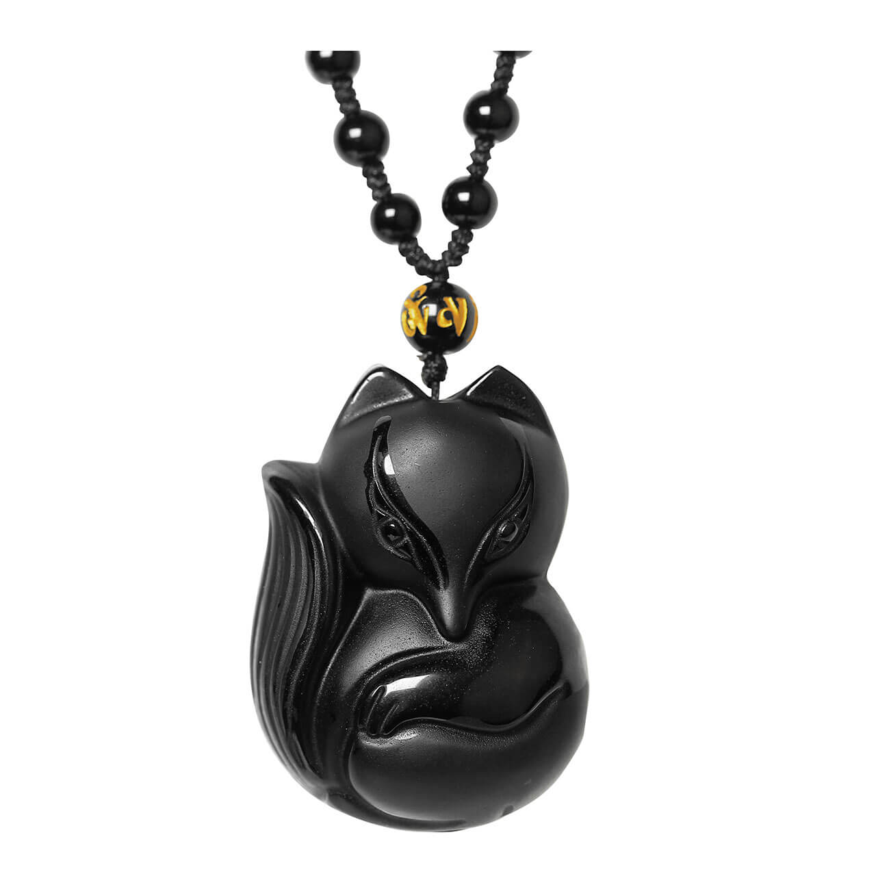 Jovivi Hand Carved Natural Genuine Obsidian Fox Empress Amulet Pendant Necklace, jjn065205