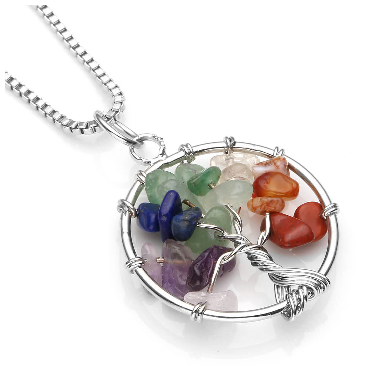 Jovivi personalize customize 7 Chakras Gemstone Charms Crystal Quartz Tree of Life Pendant Necklace engrave necklace