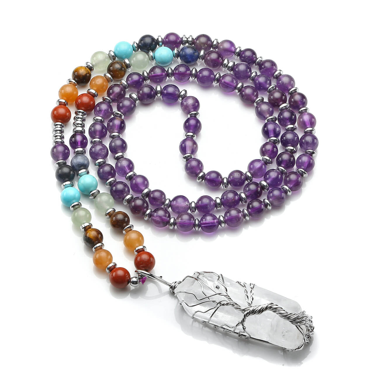 Jovivi amethyst beaded necklace with clear quartz tree of life pendant, jjn07130