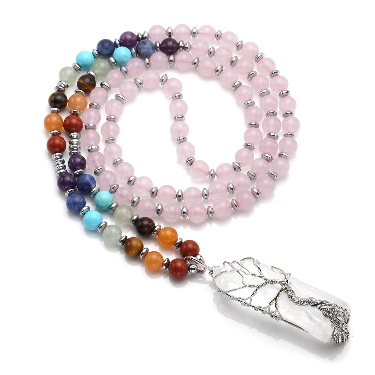 Jovivi natural rose quartz chakras healing crystal necklace with clear quartz pendant, jjn07130