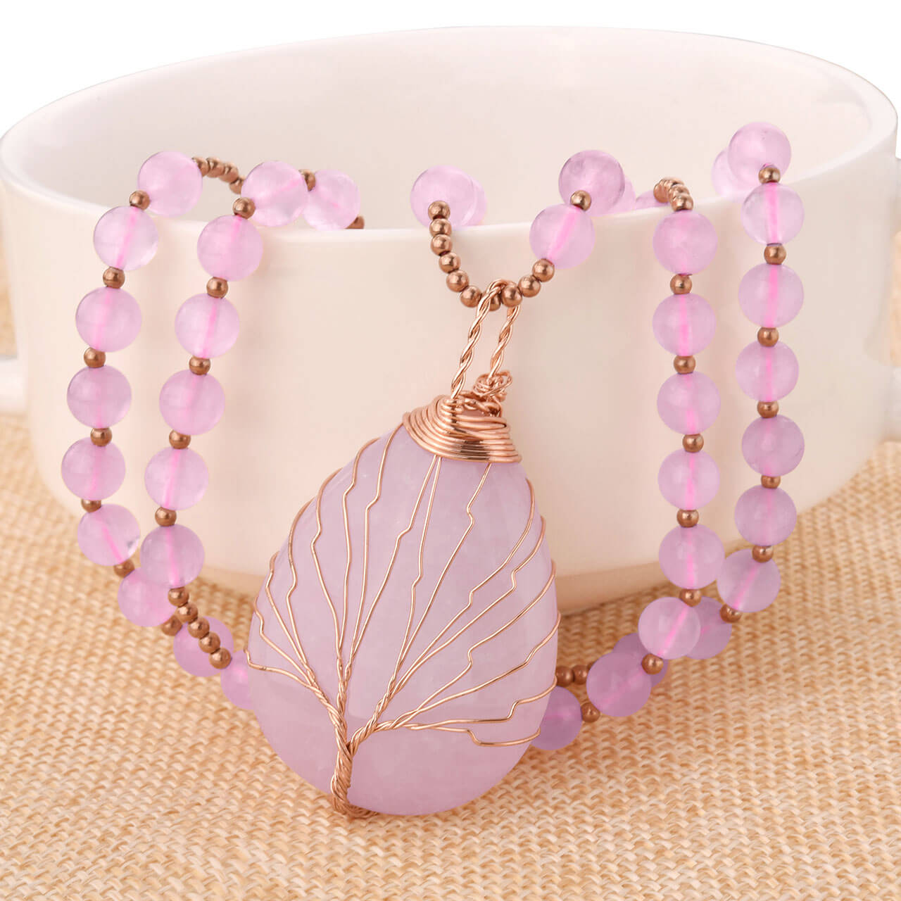 Jovivi rose quartz tree of life pendant necklace chakras healing reiki necklace, jjn07140