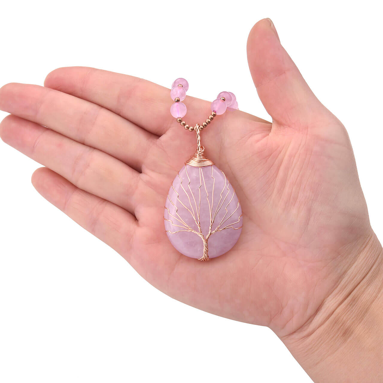 jovivi natural rose quartz teardrop copper wires wrapped tree of life pendant necklace, jjn071402