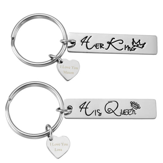 JOVIVI Custom Keychain - Personalized Name Message 2pcs Stainless Steel Laser Engraving His Queen Her King His and Hers Cute Couple Keychain Set for Valentines Day Gifts