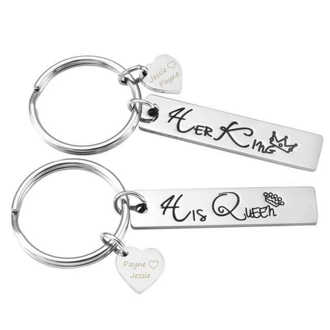 JOVIVI Custom Keychain - Personalized Name Message 2pcs Stainless Steel Laser Engraving His Queen Her King His and Hers Cute Couple Keychain Set for Valentines Day Gifts