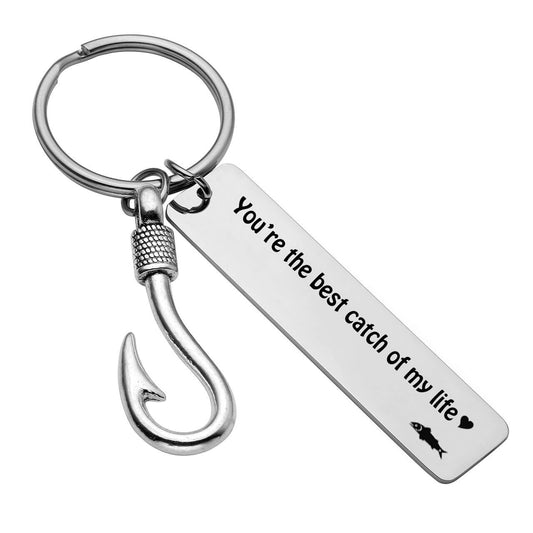 Free Engraving Custom Stainless Steel You're The Best Catch of My Life Fish Hook Charm Keychain Key Ring for Husband Boyfriend Gift jovivi, jnf006004