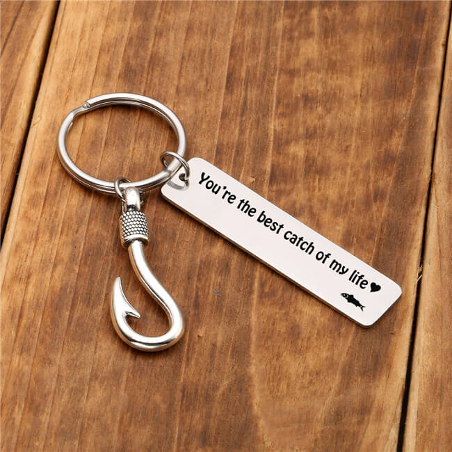 Free Engraving Custom Stainless Steel You're The Best Catch of My Life Fish Hook Charm Keychain Key Ring for Husband, front side, jnf006004