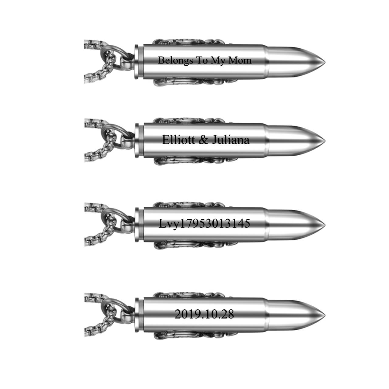 jovivi engrave message on the backside of the bullet pendant, example, jng067901