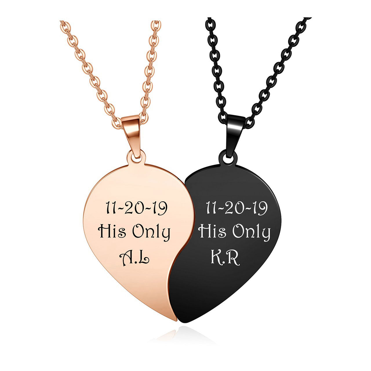 Customize Matching Heart Couple Necklaces Black and rose gold pendant  personalized warming Love words