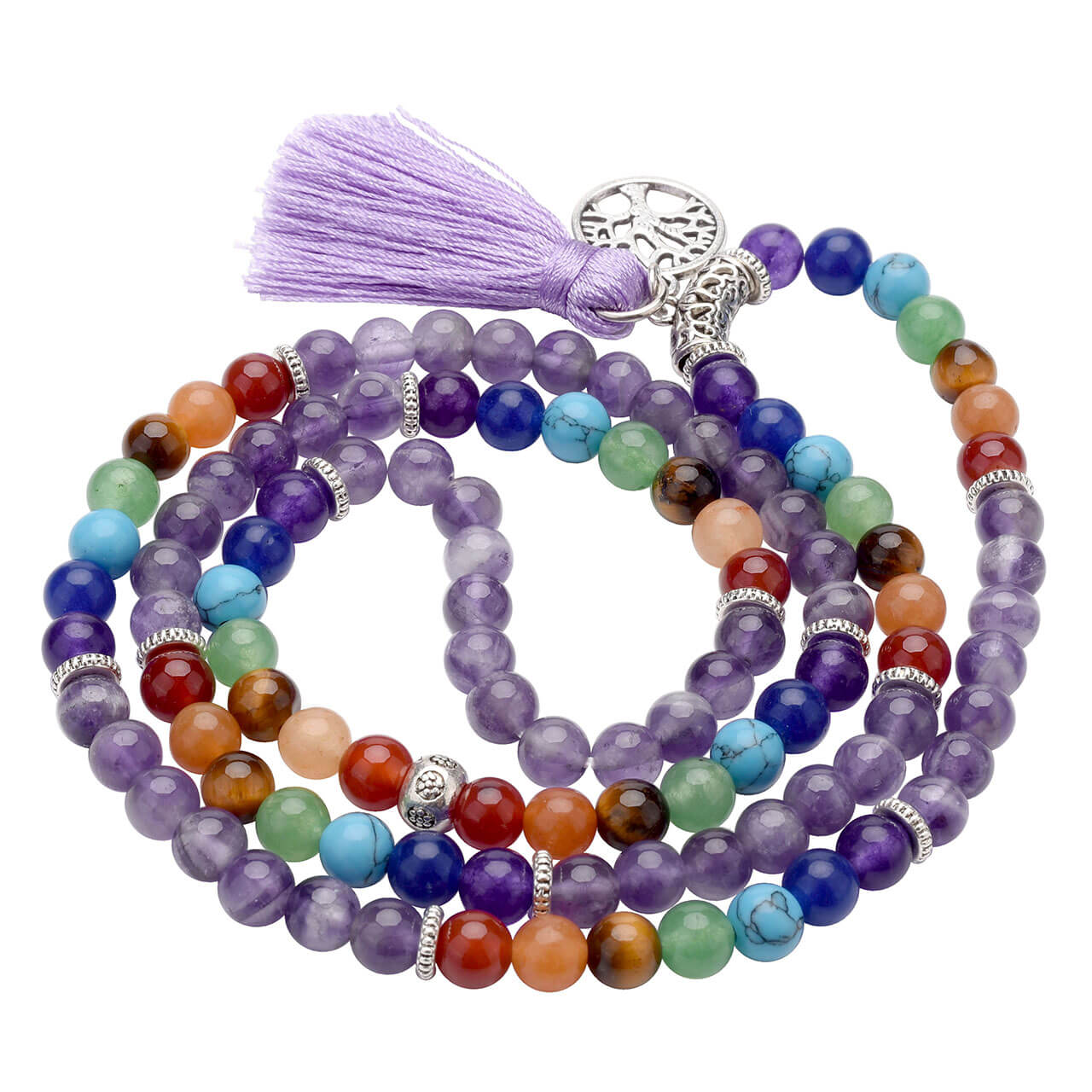 7 chakras amethyst mala prayer bracelet set with tree of life pendant