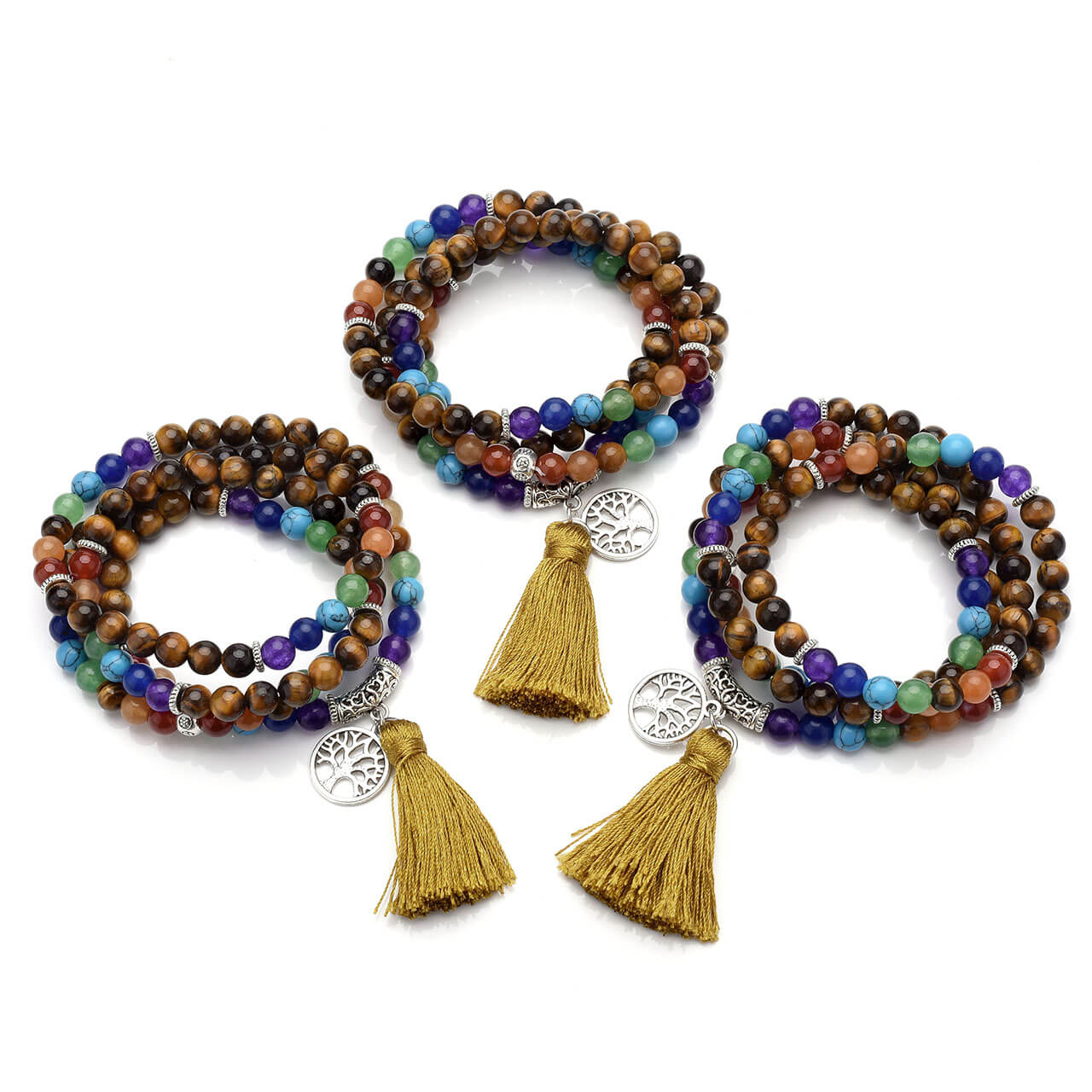 jnw003003 jovivi 7 chakras tassel tiger eye gemstone yoga meditation mala bracelet necklace