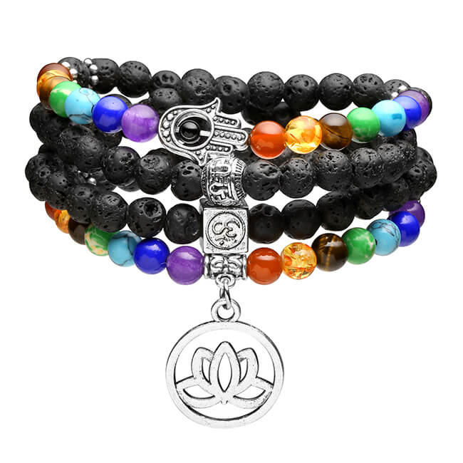 Jovivi 108 Mala Prayer Beads Natural Lava Rock Stone Essential Oil Diffuser Bracelet Necklace 7 Chakra Healing Crystals Yoga Meditation Stretch Bracelets front