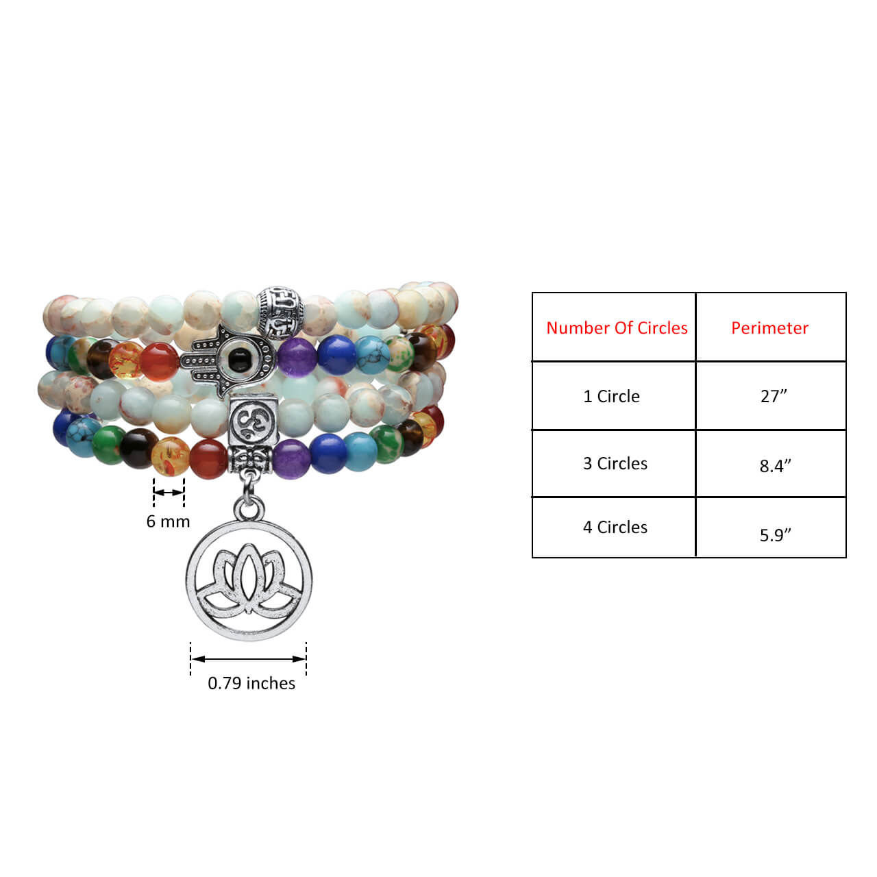 Size of prayer beads mala bracelet