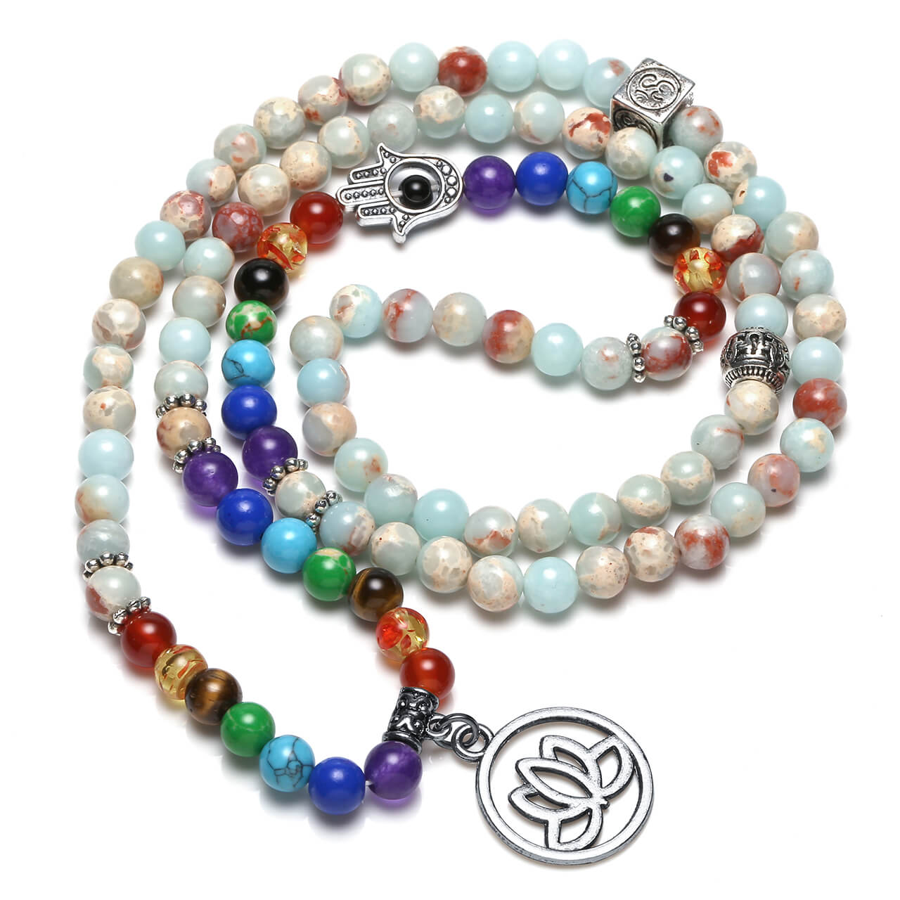 108 Rose Quartz 7 Chakra Mala Beads Natural Necklace