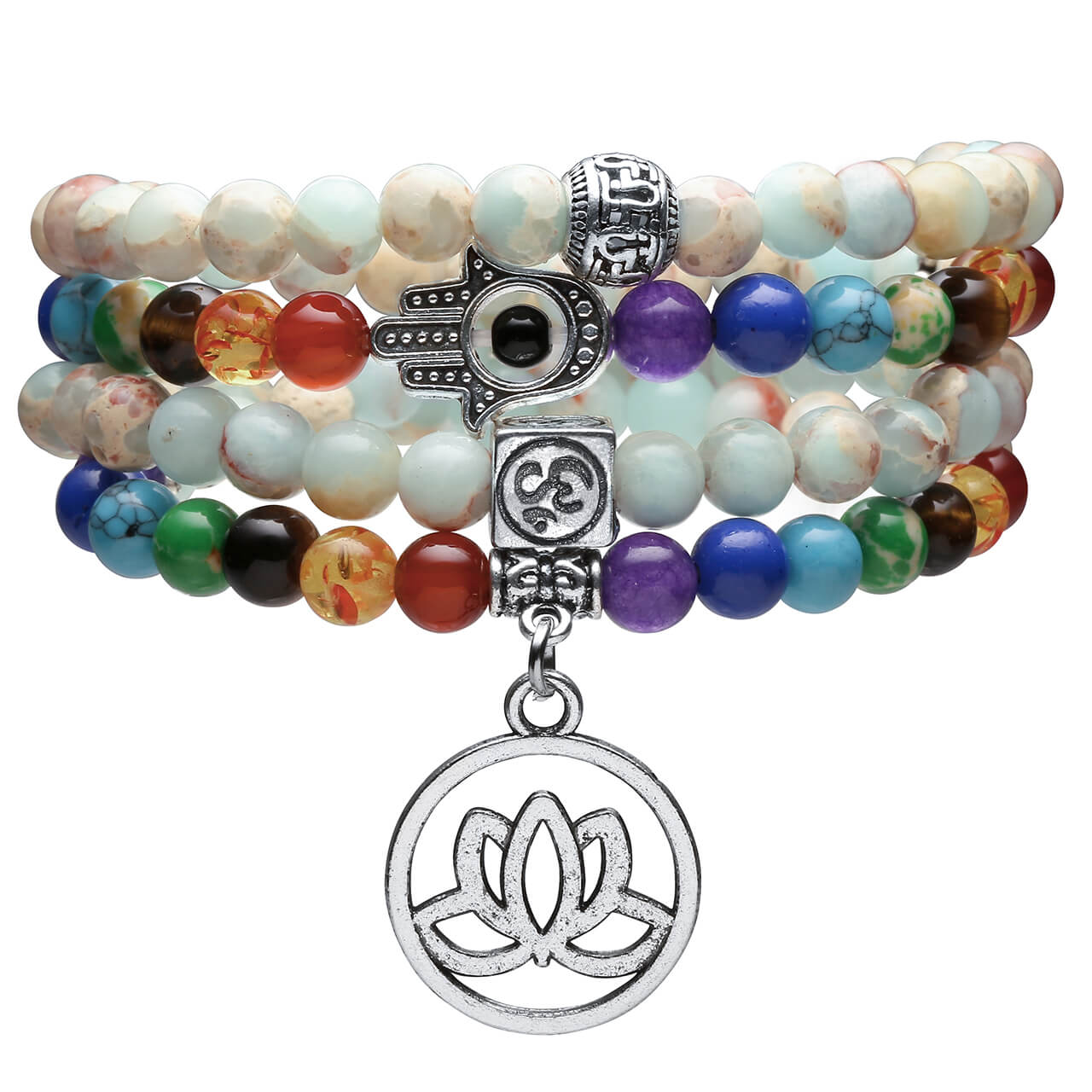 Jovivi 108 Buddhist Prayer Beads 7 Chakra Tibetan Mala Bracelet with lotus charm 