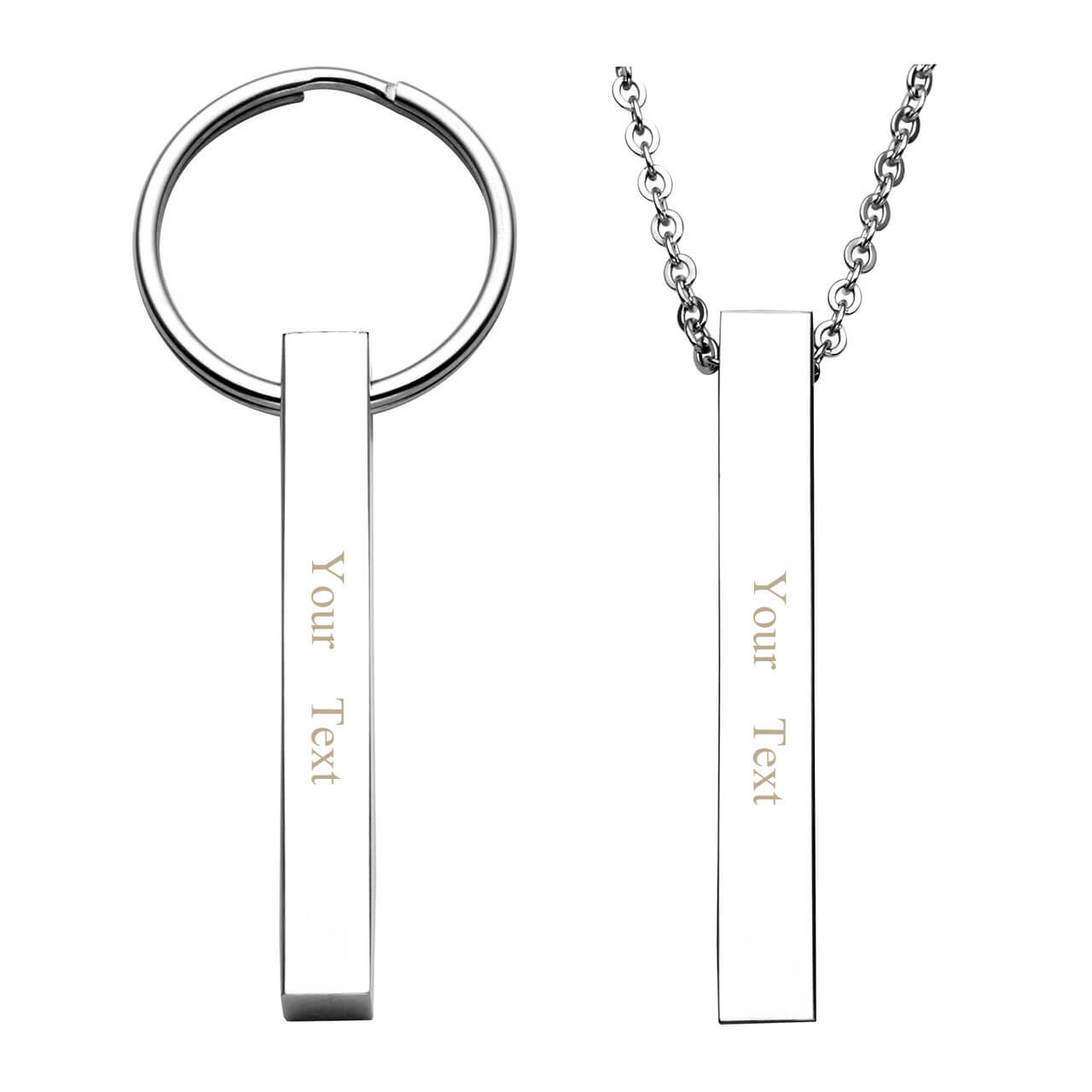 Personalized Custom Name Vertical Bar Necklace Stainless Steel Keychain Couples Jewelry Set for 2, jnz040401