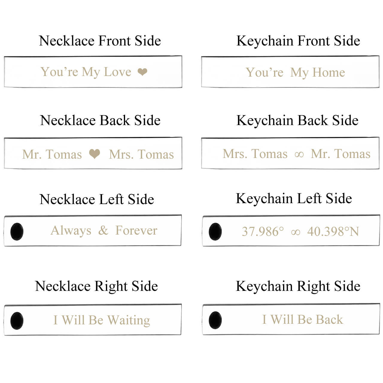 jovivi personalize name bar keychain necklace set sample, jnz040401