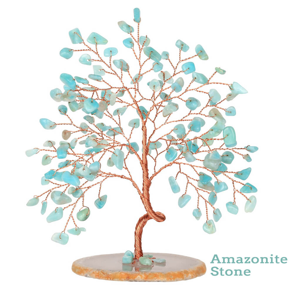 jovivi Amazonite Stone money tree healing reiki decor with agate base, front side. asd03570