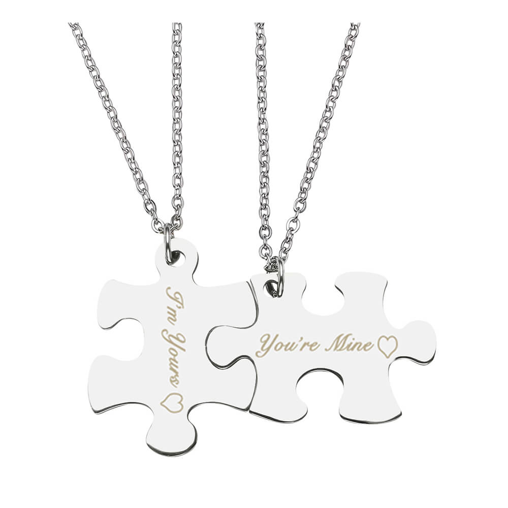 Jovivi Free Engraving - Personalized Custom 2pcs Stainless Steel Jigsaw Matching Puzzle Piece Couple Pendant Necklaces for His and Her silver