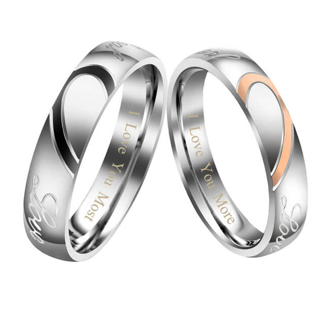 Jovivi Free Engraving Custom Stainless Steel His or Hers Real Love Heart Matching Set Couple Ring Engagement Promise Wedding Band Personalize ring