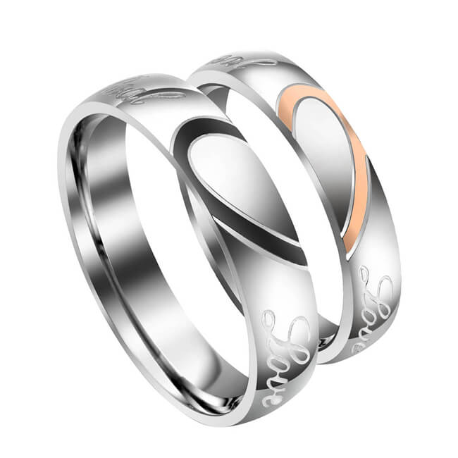 Jovivi Free Engraving Custom Stainless Steel His or Hers Real Love Heart Matching Set Couple Ring Engagement Promise Wedding Band 