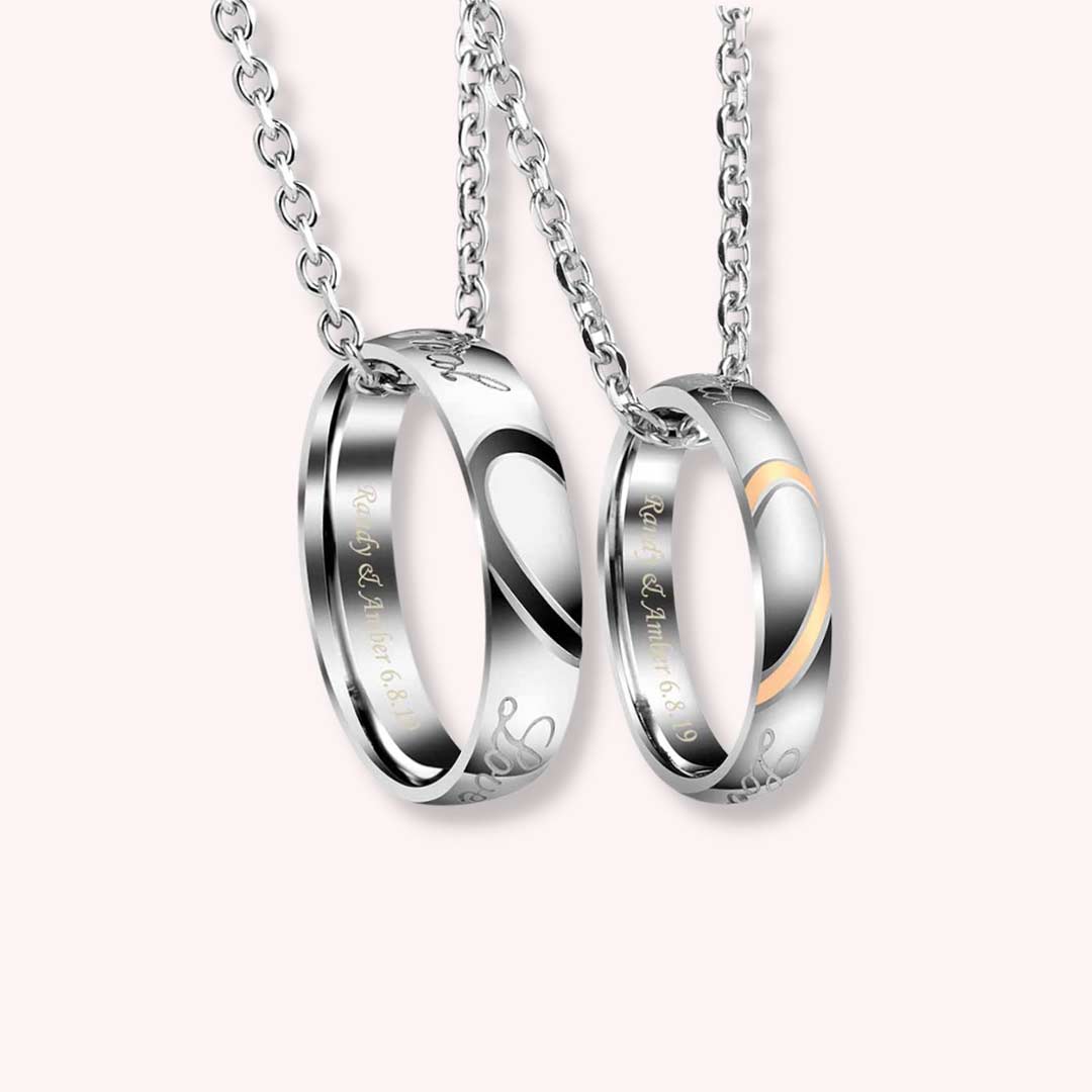 Personalized Love Heart Matching Rings Couple Necklaces | Jovivi