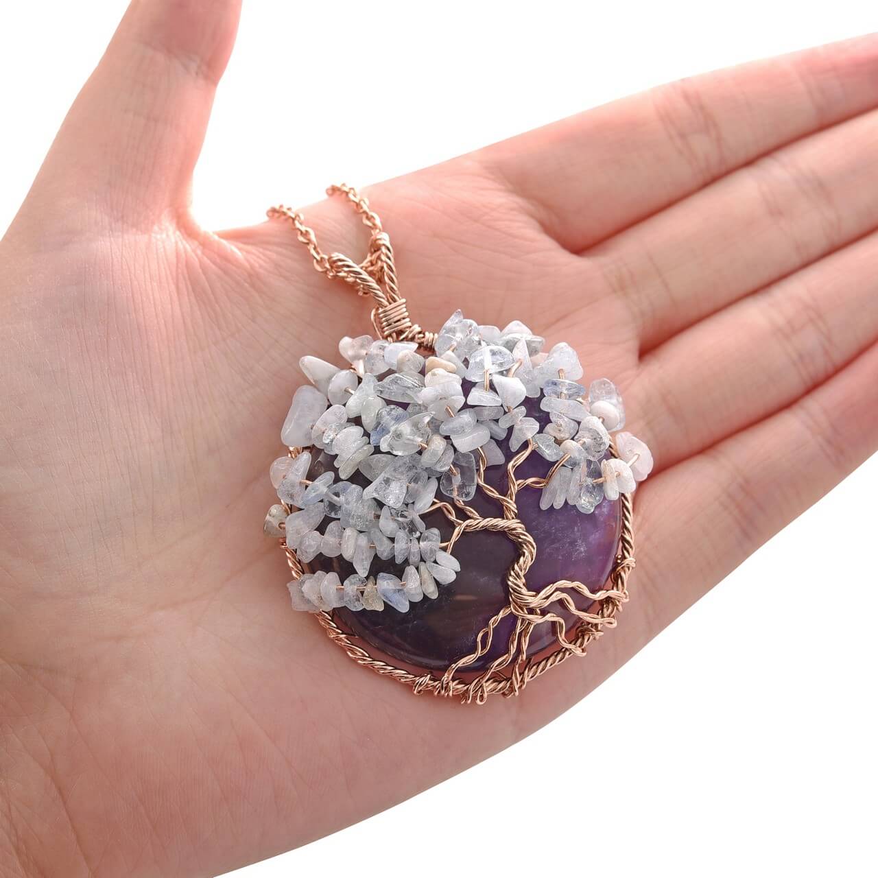 Jovivi amethyst healing reiki necklace with opal chip stones tree of life handmade jewelry, front side, qnd5710